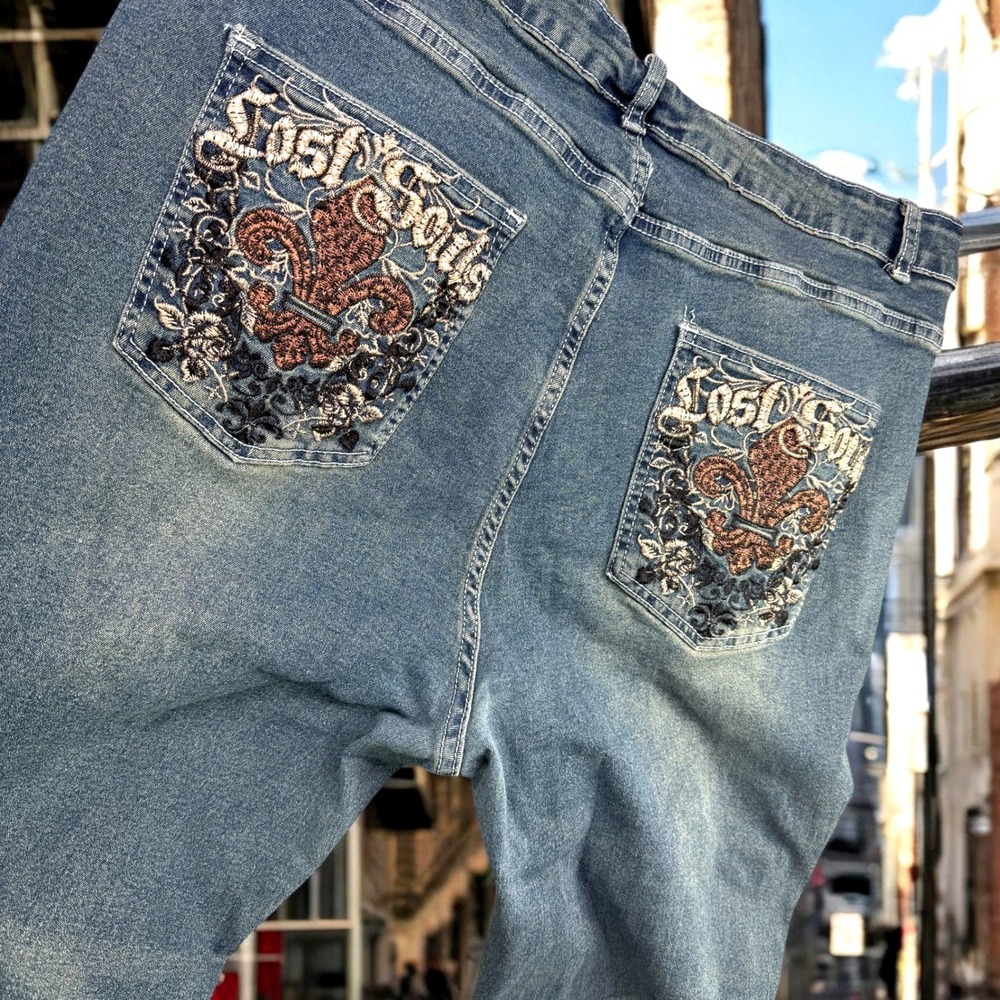 Romwe Jeans Women‎ 1XL W34 Lost Souls Embroidered Flare Denim Gothic Y2K Pants